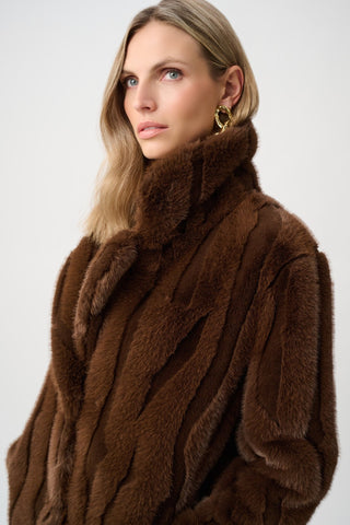 Joseph Ribkoff Textured Faux Fur Notch Collar Coat Brown - MMJs Fashion