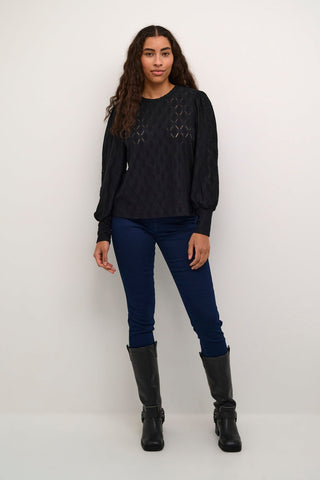Kaffe Balloon Sleeve Openwork Top Black Tine - MMJs Fashion