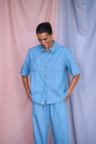 Kaffe Chambray Short Sleeve Shirt Blue Louise - MMJs Fashion