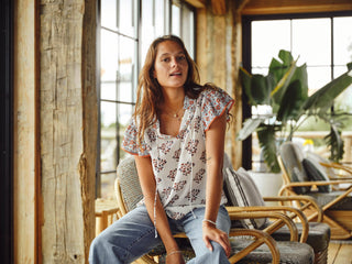 M.A.B.E Block Print Short Sleeve Top Ecru Rust Stella - MMJs Fashion