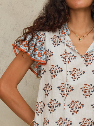 M.A.B.E Block Print Short Sleeve Top Ecru Rust Stella - MMJs Fashion