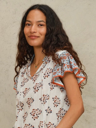 M.A.B.E Block Print Short Sleeve Top Ecru Rust Stella - MMJs Fashion