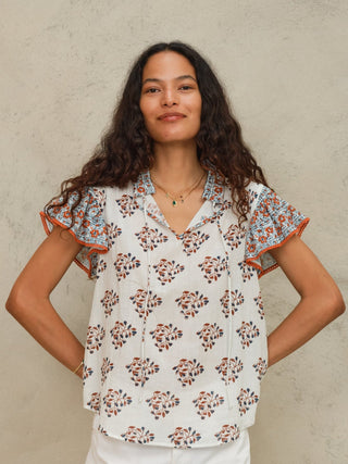 M.A.B.E Block Print Short Sleeve Top Ecru Rust Stella - MMJs Fashion
