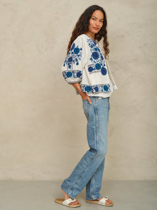 M.A.B.E Embroidered Jacket Blue Ecru Greta - MMJs Fashion