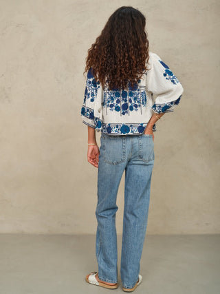M.A.B.E Embroidered Jacket Blue Ecru Greta - MMJs Fashion