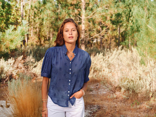 M.A.B.E Embroidered Short Sleeve Blouse Cobalt Frani - MMJs Fashion