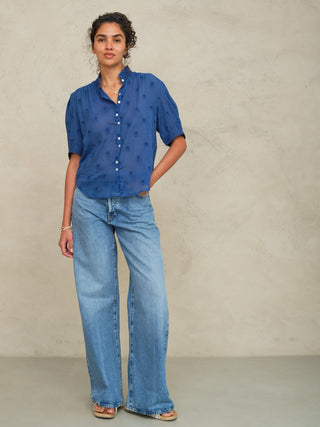 M.A.B.E Embroidered Short Sleeve Blouse Cobalt Frani - MMJs Fashion