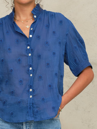 M.A.B.E Embroidered Short Sleeve Blouse Cobalt Frani - MMJs Fashion