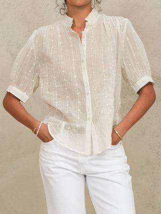 M.A.B.E Embroidered Short Sleeve Blouse Ecru Alli - MMJs Fashion