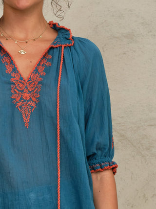 M.A.B.E Embroidered Top Blue Orange Talia - MMJs Fashion