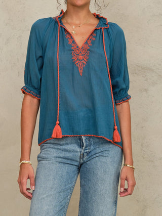 M.A.B.E Embroidered Top Blue Orange Talia - MMJs Fashion