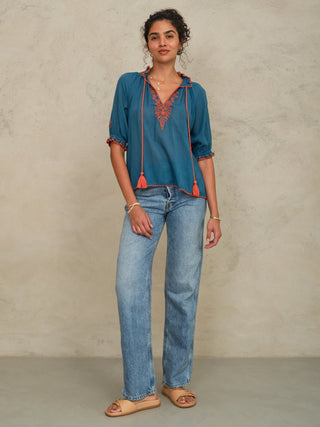 M.A.B.E Embroidered Top Blue Orange Talia - MMJs Fashion
