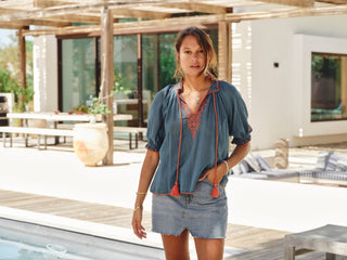 M.A.B.E Embroidered Top Blue Orange Talia - MMJs Fashion