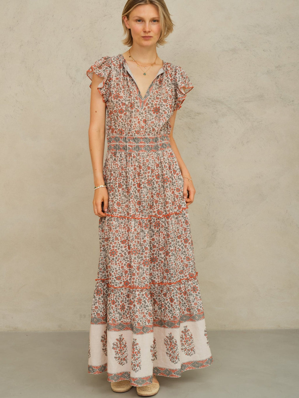 M.A.B.E Floral Block Print Maxi Dress Rust Khaki Della – MMJs Fashion