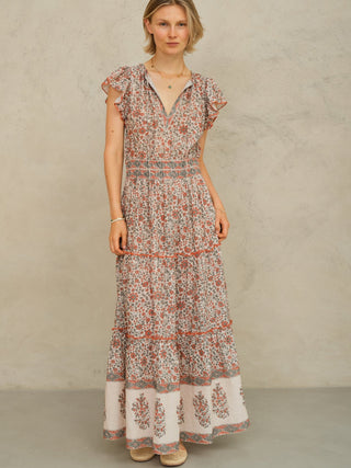 M.A.B.E Floral Block Print Maxi Dress Rust Khaki Della - MMJs Fashion