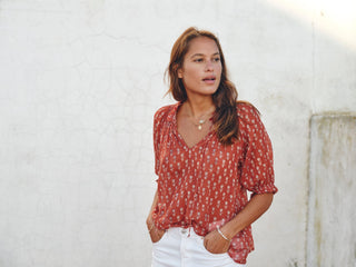 M.A.B.E Floral Block Print Top Rust Ari - MMJs Fashion