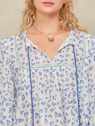 M.A.B.E Floral Print 3/4 Sleeve Blouse Blue Edie - MMJs Fashion