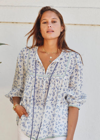 M.A.B.E Floral Print 3/4 Sleeve Blouse Blue Edie - MMJs Fashion