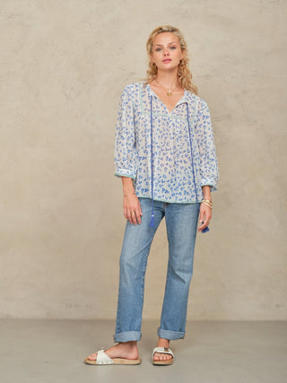 M.A.B.E Floral Print 3/4 Sleeve Blouse Blue Edie - MMJs Fashion