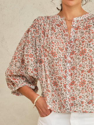 M.A.B.E Floral Print Blouse Rust Khaki Della - MMJs Fashion