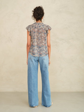 M.A.B.E Floral Print Frill Top Indigo Rust Cass - MMJs Fashion