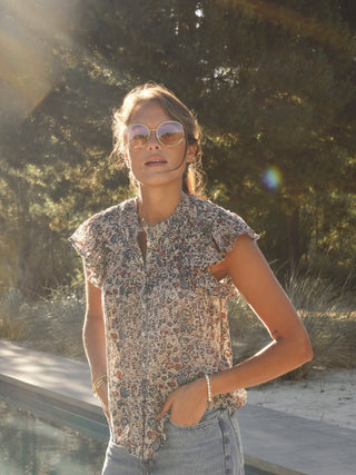 M.A.B.E Floral Print Frill Top Indigo Rust Cass - MMJs Fashion