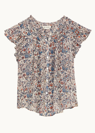 M.A.B.E Floral Print Frill Top Indigo Rust Cass - MMJs Fashion