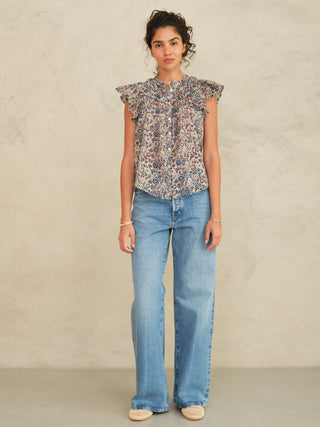 M.A.B.E Floral Print Frill Top Indigo Rust Cass - MMJs Fashion