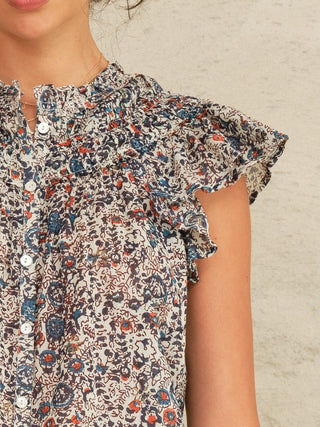M.A.B.E Floral Print Frill Top Indigo Rust Cass - MMJs Fashion