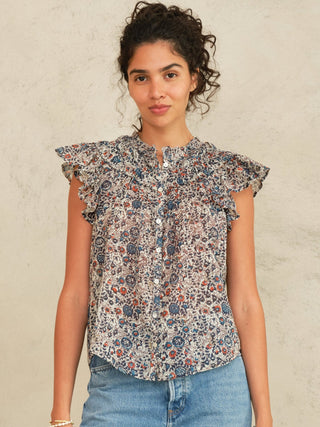 M.A.B.E Floral Print Frill Top Indigo Rust Cass - MMJs Fashion