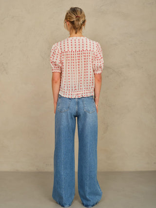 M.A.B.E Patterned Gathered Blouse Red Ecru Karla - MMJs Fashion