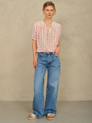 M.A.B.E Patterned Gathered Blouse Red Ecru Karla - MMJs Fashion