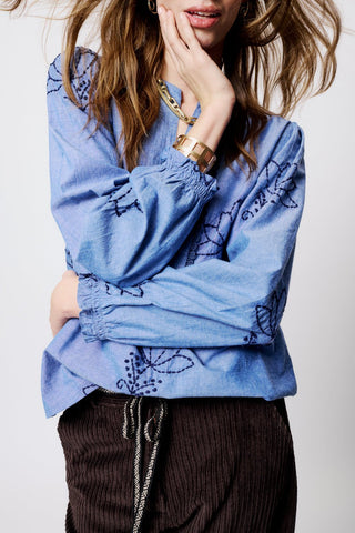 Moliin Embroidered Cotton Blouse Blue Agnes - MMJs Fashion