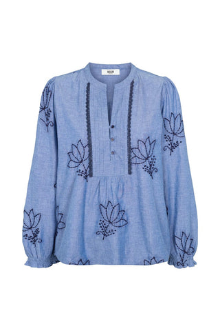 Moliin Embroidered Cotton Blouse Blue Agnes - MMJs Fashion