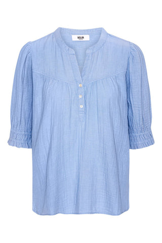 Moliin Short Sleeved Cotton Blouse Blue Owen - MMJs Fashion