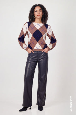 Monari Check Jacquard Jumper Brown Blue - MMJs Fashion