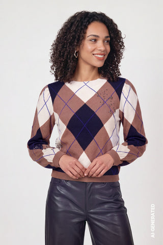 Monari Check Jacquard Jumper Brown Blue - MMJs Fashion