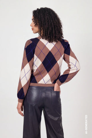 Monari Check Jacquard Jumper Brown Blue - MMJs Fashion