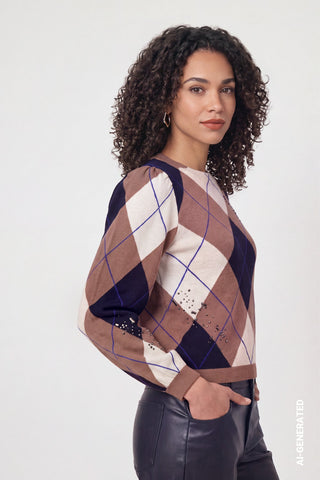 Monari Check Jacquard Jumper Brown Blue - MMJs Fashion