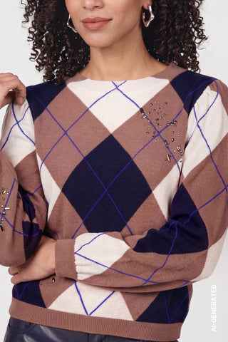 Monari Check Jacquard Jumper Brown Blue - MMJs Fashion