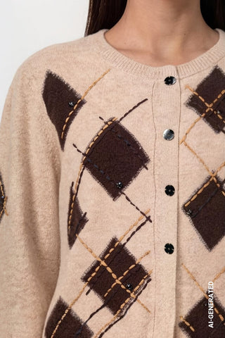 Monari Diamond Pattern Cardigan Beige Brown - MMJs Fashion