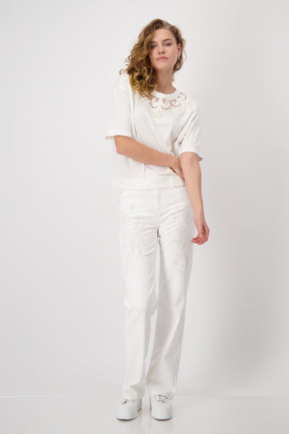 Monari Embellished Mesh Neckline Top Ivory - MMJs Fashion
