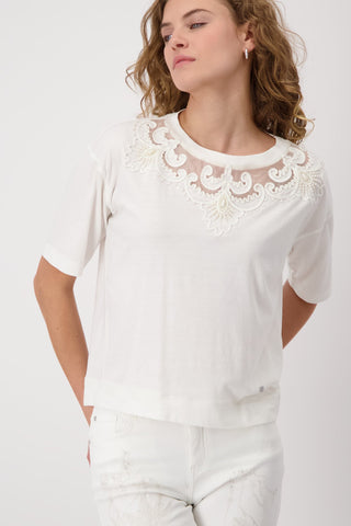 Monari Embellished Mesh Neckline Top Ivory - MMJs Fashion