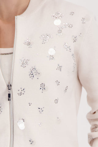 Monari Embellished Zipped Cardigan Beige - MMJs Fashion