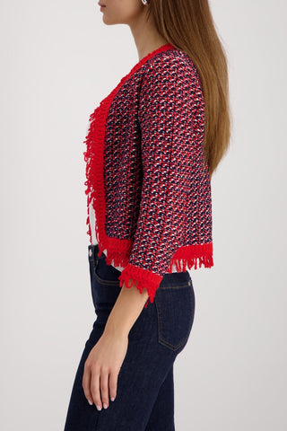 Monari Fringe Tweed Cardigan Red Blue - MMJs Fashion