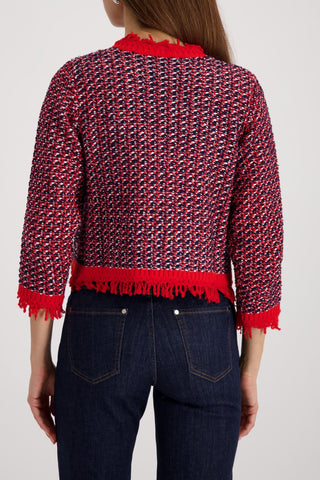 Monari Fringe Tweed Cardigan Red Blue - MMJs Fashion