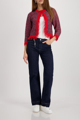 Monari Fringe Tweed Cardigan Red Blue - MMJs Fashion