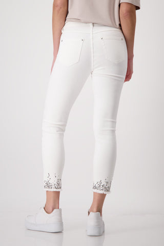 Monari Ivory Slim Fit Jeans with Rhinestone Hem - MMJs Fashion