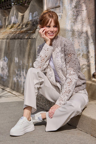 Monari Lace Zip Front Cardigan Beige Ivory - MMJs Fashion