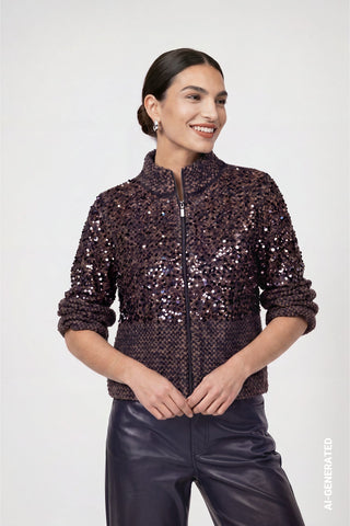Monari Sequinned Zip Up Cardigan Blue Brown - MMJs Fashion